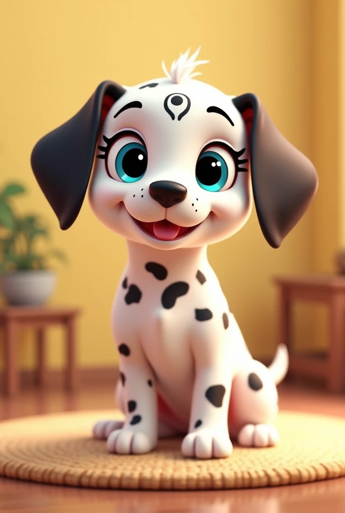 cartoon dalmatian pup with cyan eyes with eye marking on forehead  