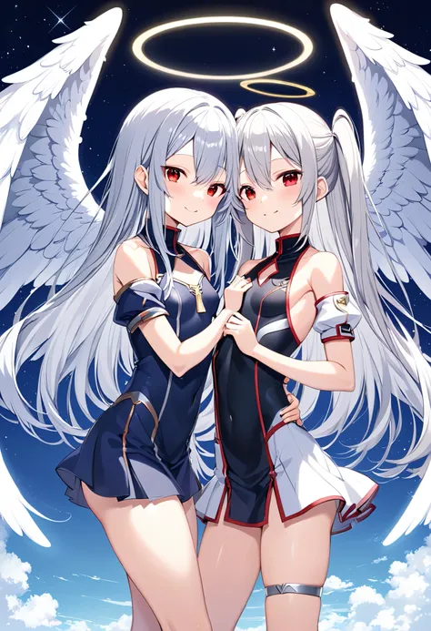  Silver Hair、 red eyes、  girl 、  small breasts、  long hair、  Angel Wings、  girl 、  small breasts、  bright smile、Good physique 、     flat chest 、  girl、  he's short、     thighs、