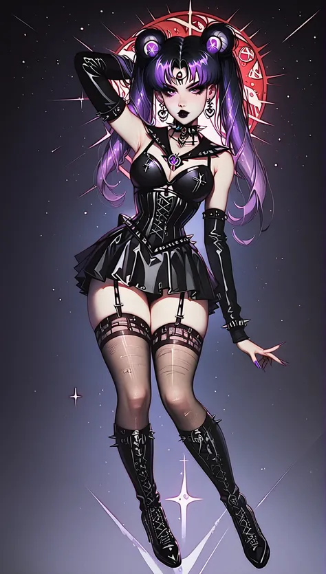 Sailor Moon Goth, goth make up, black elegant dress,corset, long stockings, purple nails, cross earrings, skull necklace, beauty eyes, little horns, pentagram background, optical flares, full body view, night atmosphere, she is flying in the sky, beauty le...