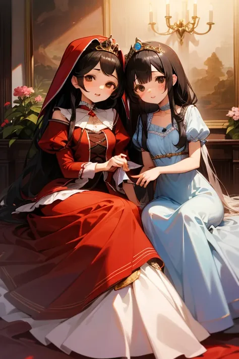  top quality,   Ultra High Resolution,(( cute middle school girl　2 people)),、( semi-long black hair, brown eyes, Little Red Riding Hood,white and red costume)、( Long Golden Hair、 blue eyes、Cinderella、 dress 、 tiara )