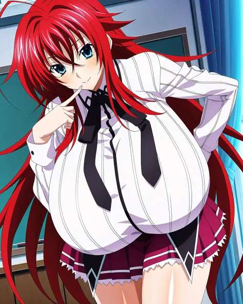 score_9, score_8_up, score_7_up, source_anime, anime coloring, anime screencap, 1girl, solo, Rias Gremory (High School DxD), red hair, long hair, hair between eyes, ahoge, blue eyes, loving smile, white beautiful skin, gigantic breasts, standing, looking a...