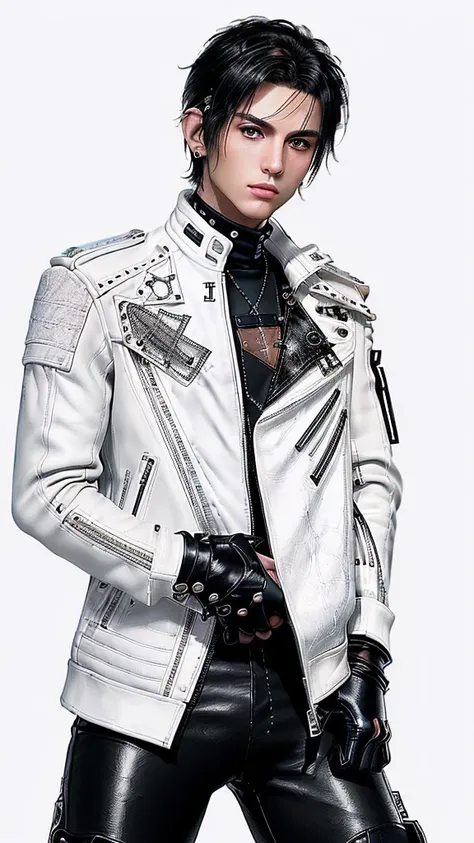 ((  Final Fantasy taste and reality graphic )), ((The young, good-looking boy from Japan)), his age is early 20s, thin eyebrows and beady eyes,, (((((The boy is wearing thick cream-white color leather, and single-breasted double zipper jacket))))), ,(((((j...