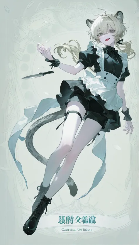 (1 boy with short pale gray and pale blonde hair :1.4), gothic background、 the petals dance、 maid clothes、detailed costume, Sunshine、maid, gothic maid cloth, knife, dynamic angle, black ribbon, short pants, gray leopard ears, gray leopard tail, is bursting...