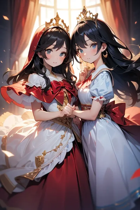  top quality,   Ultra High Resolution,(( cute middle school girl　2 people)),、( semi-long black hair, brown eyes, Little Red Riding Hood,white and red costume)、( Long Golden Hair、 blue eyes、Cinderella、 dress 、 tiara )