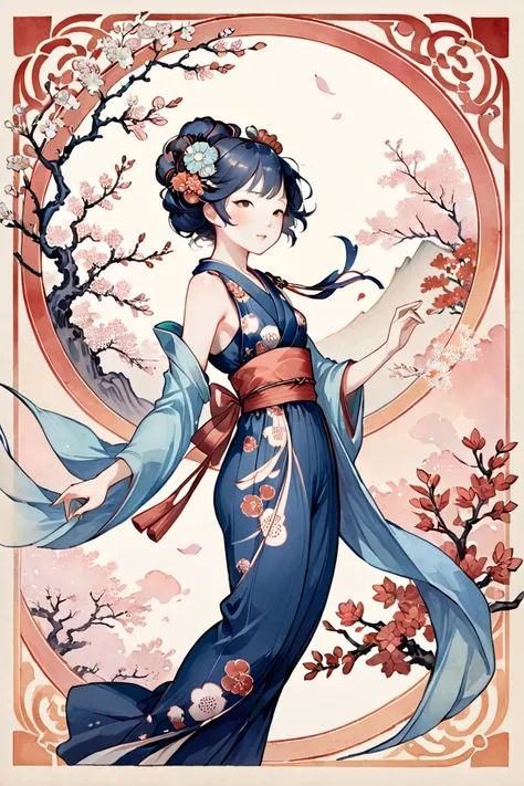 A delicate watercolor piece by Hokusai, reminiscent of Mucha's Art Nouveau style. A whimsical line art depiction of spring blossoms unfurls against a soft, feathery background. Delicate petals dance across the page, their gentle curves and lines evoking th...