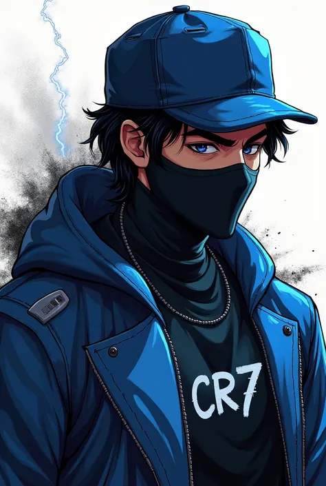  Game Free Fire style male character with cap   , Agent Golatico Preto  ,  with black hair ,  wearing a black mask and a blue CR7 blouse written by Beto.ff77 , with white black shadow background with lightning  