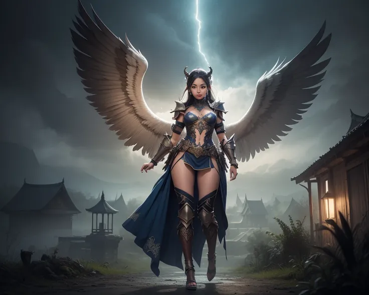 - Photorealistic with perfect details, Cinematic, Masterpiece, HD, Sexy CGI.

- Beautiful "Javanese" woman, long hair, smooth skin, colorful tribal tattoo hands, expressive.

- Wearing a costume ("Full Sexy Armor"), a costume that embodies the form of "Jav...