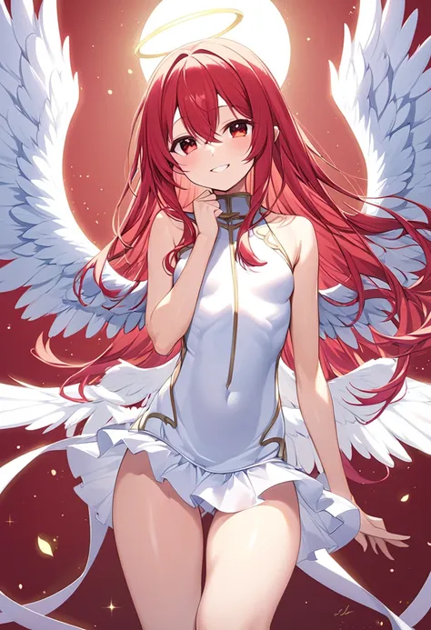  red hair 、 red eyes、  girl 、  small breasts、  long hair、  Angel Wings、  girl 、  small breasts、  bright smile、Good physique 、     flat chest 、  girl、  he's short、     thighs、