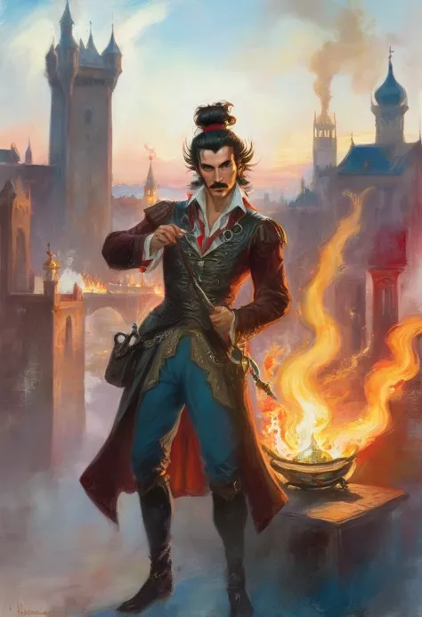 a elf with big pointed ears, mid-length brown hair with a bun, beard and d'artagnan moustache, using his fire magic , full length portrait, fancy clothing with red and black, big medieval city in sunset in background, detail richness, masterpiece, best qua...