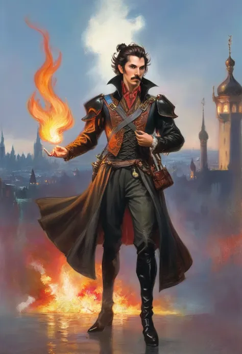 a elf with big pointed ears, mid-length brown hair with a bun, beard and d'artagnan moustache, using his fire magic , full length portrait, fancy clothing with red and black, big medieval city in sunset in background, detail richness, masterpiece, best qua...