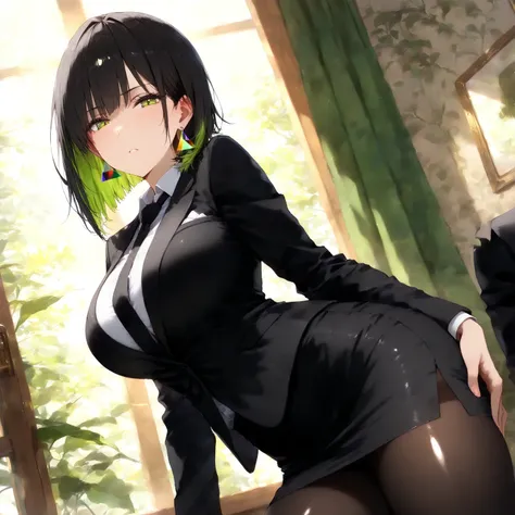 masterpiece, (((( best quality )))),1 girl, Japanese Anime ,,shiny skin, wearing a black suit,skirt suit, black tie , dark hair, short bob hair,The inner color of the hair is green, green eyes,isosceles triangle earrings, black tights,large breasts