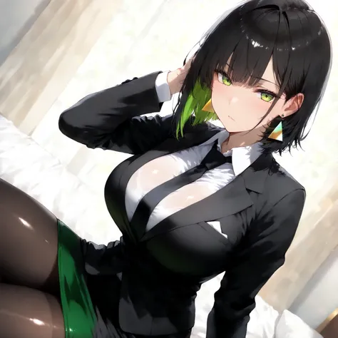 masterpiece, (((( best quality )))),1 girl, Japanese Anime ,,shiny skin, wearing a black suit,skirt suit, black tie , dark hair, short bob hair,The inner color of the hair is green, green eyes,isosceles triangle earrings, black tights,large breasts