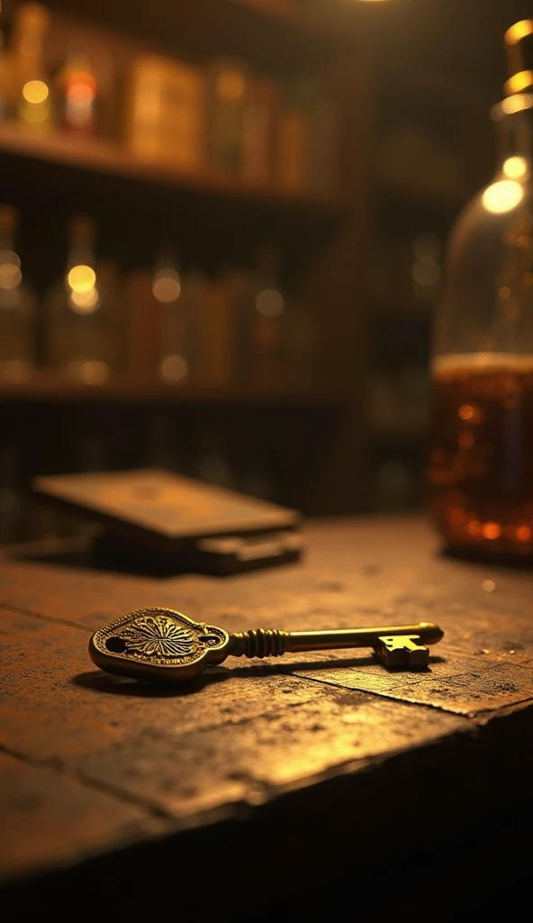 70mm photorealism， high-resolution IMAX ，Dramatic head center lighting。 Extreme close-up focus on a small golden key lying quietly on an old wooden workbench， The engraved surface has delicate carvings and fine lines The curve 。 under dim laboratory lights...