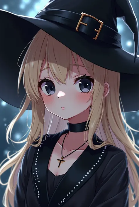 ANIME GIRL WITH LIGHT BLOND HAIR, WHITE SKIN TONE WITH BLACK WITCH CAP , BLACK EYES BLINKING WITH A NECKLACE WITH THE INITIAL T WITH A BLACK BACKGROUND THE STRONG BLACK HAT AND BLACK CLOTHES 