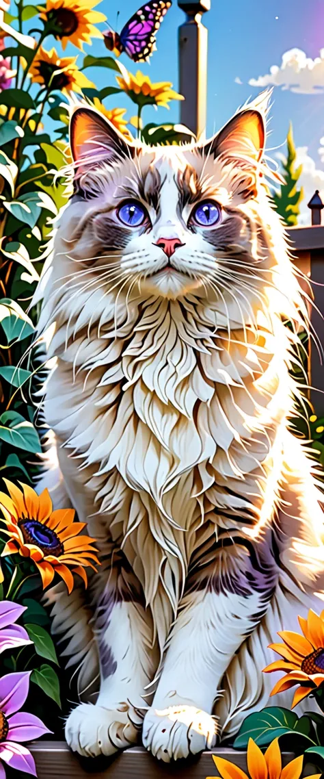 Hyper Close Up Illustration Ragdoll Cat Relaxing Under the sun beam light In The Blooming Flowers Garden, Railing balcony,Flower Pots, Fence, Lush greenery blooming flowers, Sunflowers, Morning Scenery are filled with the warmth of community and the tranqu...