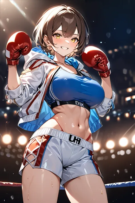   A woman wearing a short blue shirt  ,   sporty belly  ,  defined abdomen ,   open shoulders  ,  big boobs,   wearing white leather shorts jacket with blue detail,   hooded jacket  ,   wearing large boxer shorts  ,   red shorts with white stripes  ,  boxi...