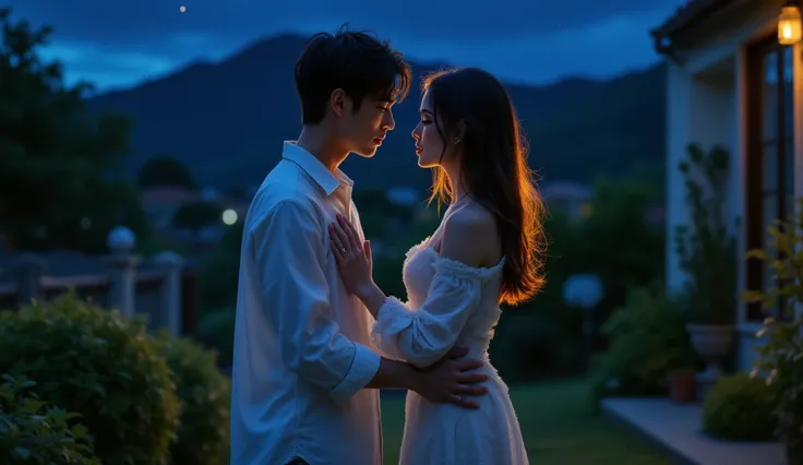 Prompt: " Arga, handsome 19 year old Japanese man wearing a white shirt, jeans, and big breasted miyabi, beautiful in a white mini dress, 30 year old Japanese woman, . The background shows the front porch, with the night sky, twinkling stars ,holding each ...