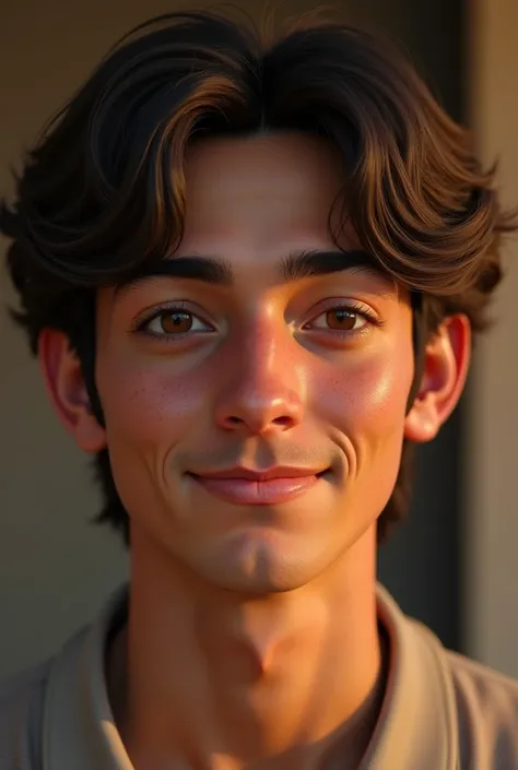 Can you generate a 24 year old Egyptian male, make him look a bit like an old , young adult, light brown neck length hair and brown eyes, with a soft smile, and less skinny