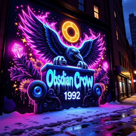 Huge intricate neon graffiti mural of crows, music symbols and a dj. The name "Obsidian Crow" in neon graffiti. Purple, blue, gold. Graffifi on a big city building alleyway. Include the words "MAB Strong", "Team Slacker", "1992". Frozen Arctic Theme, Icicl...