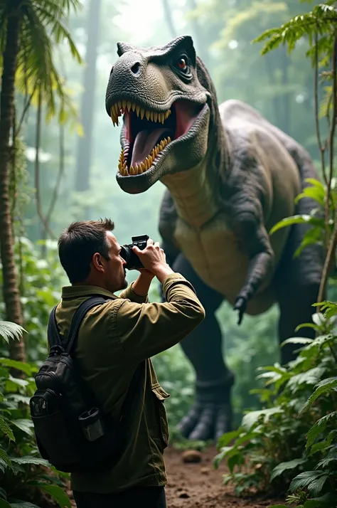 Un homme  40 ans photographiant un T-Rex dans la jungle corps entier photo réaliste haute qualité 