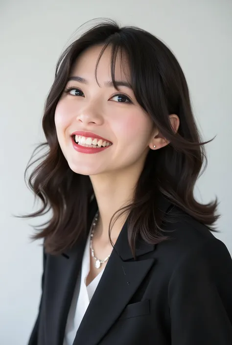 Beautiful Japanese Woman 、、 She is wearing an office lady suit、濃いeyeshadow 、Hairstyle: Medium long、wavy hair 、 、ear piercing、   smile showing teeth、 necklace、 white backgr