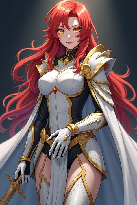 ( artwork ,  top quality,  best quality,  official art ,  beautiful and aesthetic  :1.2)  female, Elfa from anime,  Long red hair,  golden eyes,  white and gold armor, wearing white cape, black and gold , black t-shirt and pants ,  wielding a white sword, ...