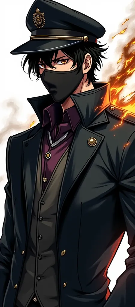  Game Free Fire style male character with cap   , Agent Golatico Preto  ,  with black hair ,  with a black mask and a BETO-style blouse.FF77 black written  , with white black shadow background with lightning  