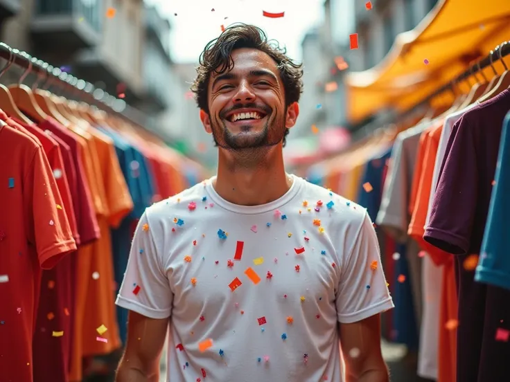  Create a realistic image of a full-bodied person , smiling and happy, wearing a plain t-shirt while enjoying the party confetti fall on the person at Carnival.  The setting should include hangers and hanging t-shirts ,  suggesting an open-air store enviro...