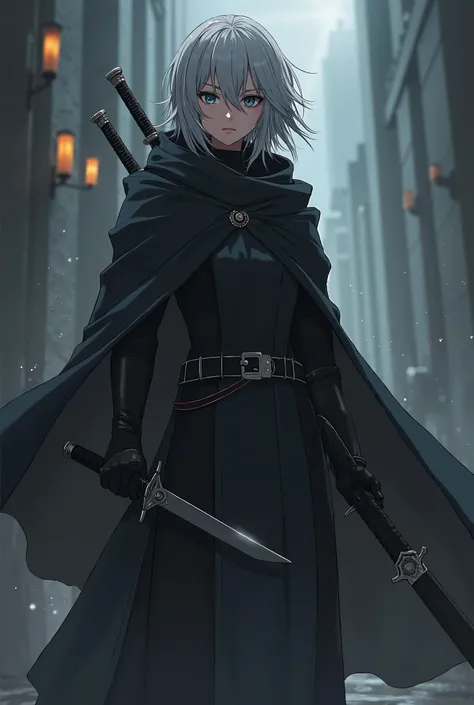  wants to draw anime rpg character with ash hair, face of the shapawan , using black cloak ,  with weapon 2 swords ,  looks mysterious ,  with agile skill 