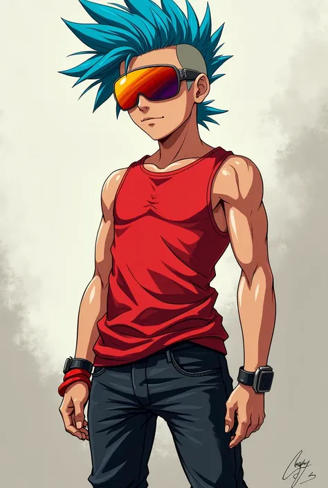 Anime boy with a blue Mohawk. A red tank top. A gold and red visor. And a pair of black jeans and shoes. And a shaven face