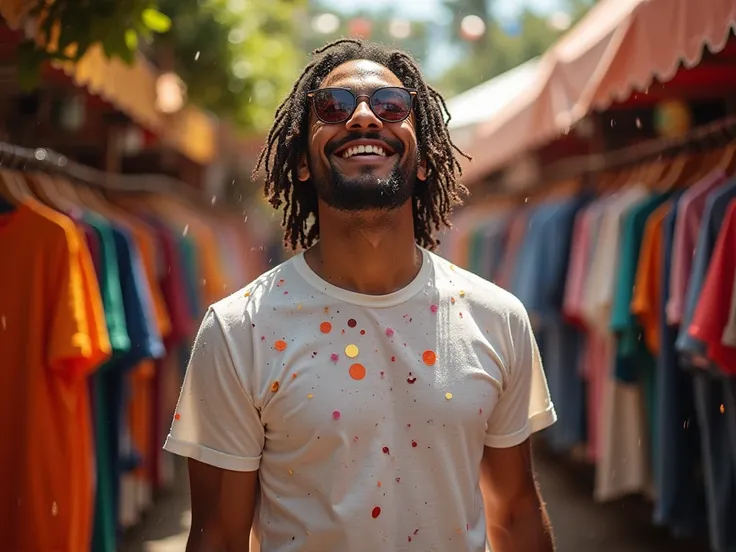  Create a realistic image of a full-bodied person , smiling and happy, wearing a plain t-shirt while enjoying the party confetti fall on the person at Carnival.  The setting should include hangers and hanging t-shirts ,  suggesting an open-air store enviro...