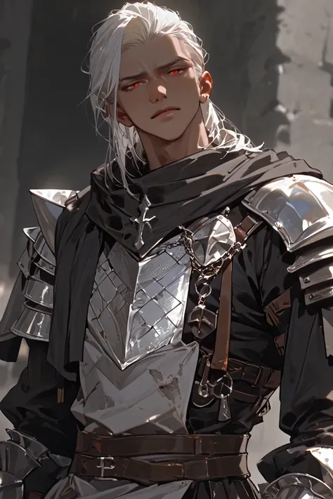 masterpiece, newest, absurdres, safe Solo, high detailed, male, handsome masculine male, Sexy male. Masculine male. Handsome Male, sexy male, Seductive, tan caramel skin, white hair mullet, red eyes, handsome male, knight, tabard, silver chainmail hauberk,...