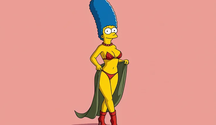 "solid outline:1.3, NSFW:1.3, Original face of Marge Simpson, perfect face, symmetrical eyes, big naked breasts, Marge Simpson with big nude breasts and hard nipples, Marge Simpson pulling up her dress to show her red boots and red thong, big bare breasts ...