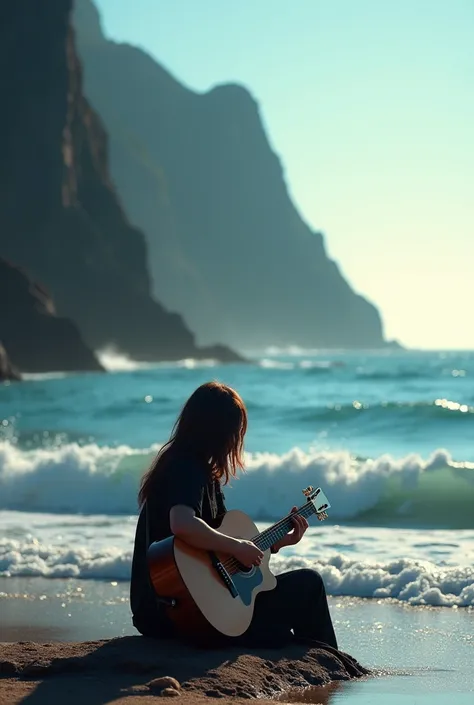  high quality, 8K ultra HD, Person sitting with a guitar at the edge of the sea 