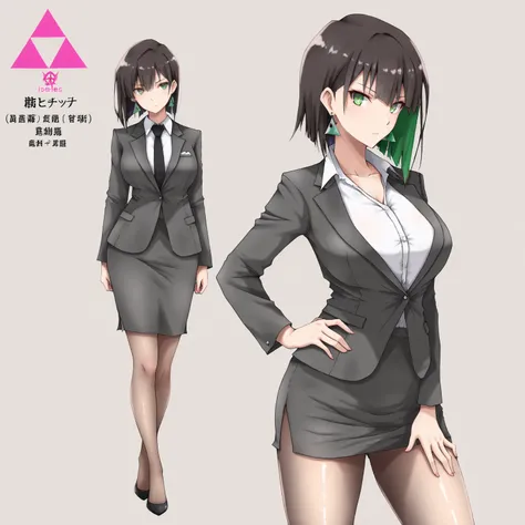 masterpiece, (((( best quality )))),1 girl, Japanese Anime ,character profilele,shiny skin, wearing a black suit,skirt suit, black tie , dark hair, short bob hair,The inner color of the hair is green, green eyes,isosceles triangle earrings, black tights,la...