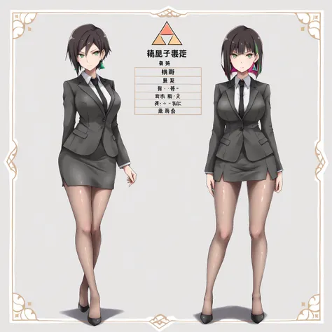 masterpiece, (((( best quality )))),1 girl, Japanese Anime ,character profilele,shiny skin, wearing a black suit,skirt suit, black tie , dark hair, short bob hair,The inner color of the hair is green, green eyes,isosceles triangle earrings, black tights,la...