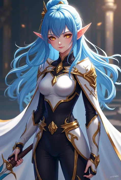 ( artwork ,  top quality,  best quality,  official art ,  beautiful and aesthetic  :1.2)  female, Elfa from anime,  long blue hair,  golden eyes,  white and gold armor, wearing white cape, black and gold , black t-shirt and pants ,  wielding a white sword,...