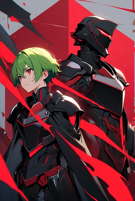 Short-haired, green-haired man wearing futuristic black and red knight armor and wearing a black shield with red details