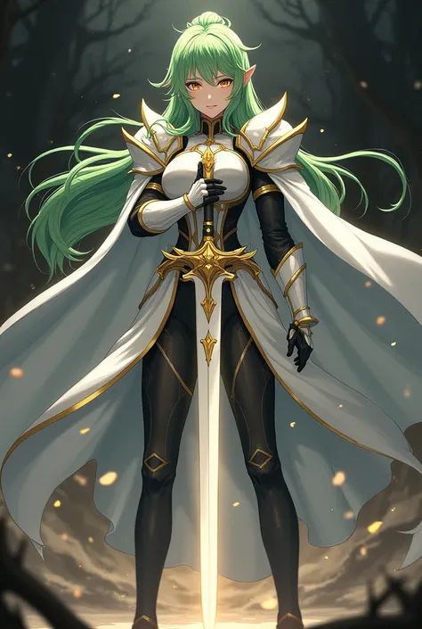 ( artwork ,  top quality,  best quality,  official art ,  beautiful and aesthetic  :1.2)  female, Elfa from anime,  long green hair,  golden eyes,  white and gold armor, wearing white cape, black and gold , black t-shirt and pants ,  wielding a white sword...