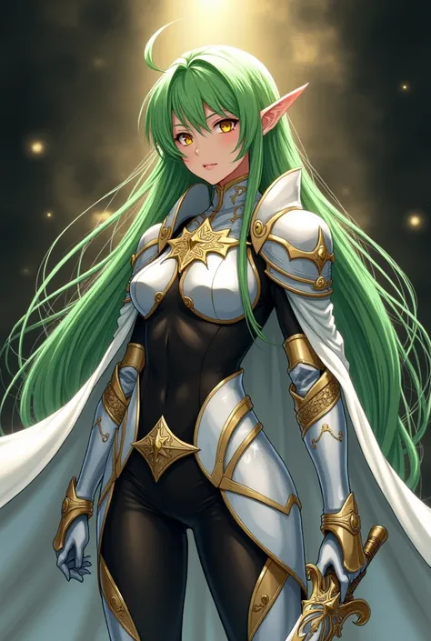 ( artwork ,  top quality,  best quality,  official art ,  beautiful and aesthetic  :1.2)  female, Elfa from anime,  long green hair,  golden eyes,  white and gold armor, wearing white cape, black and gold , black t-shirt and pants ,  wielding a white sword...