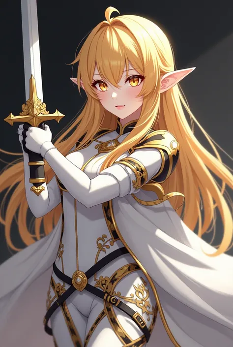 ( artwork ,  top quality,  best quality,  official art ,  beautiful and aesthetic  :1.2)  female, Elfa from anime,  long yellow hair ,  golden eyes,  white and gold armor, wearing white cape, black and gold , black t-shirt and pants ,  wielding a white swo...