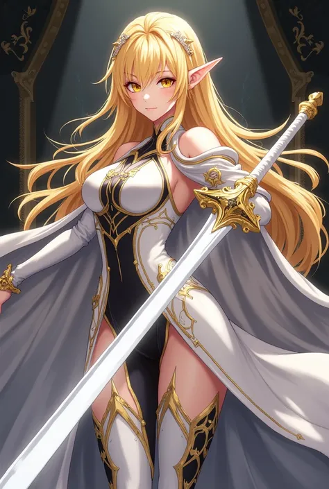 ( artwork ,  top quality,  best quality,  official art ,  beautiful and aesthetic  :1.2)  female, Elfa from anime,  long yellow hair ,  golden eyes,  white and gold armor, wearing white cape, black and gold , black t-shirt and pants ,  wielding a white swo...