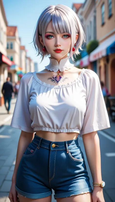     beautiful college student  ，  ，  light makeup  ，  red lips，  silver hair  ， far away,  tousled hair  ，street background，to work，authentic texture，   realistic film lighting   ，Perfect to work，8k，  high definition  ，  Exquisite features  ， white high-ne...