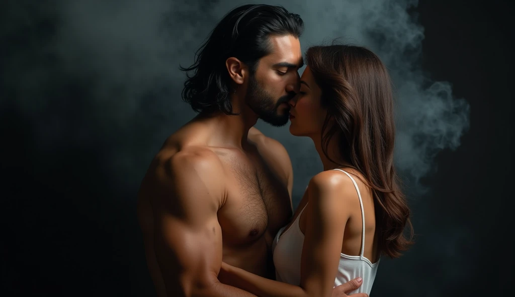 professional photo, a man from the middle east, long black hair, shirtless, stocky, is kissing a beautiful 40 year old Indonesian woman, with messy shoulder length brown hair, the woman is wearing a white camisole, back view, with background Dark black bac...