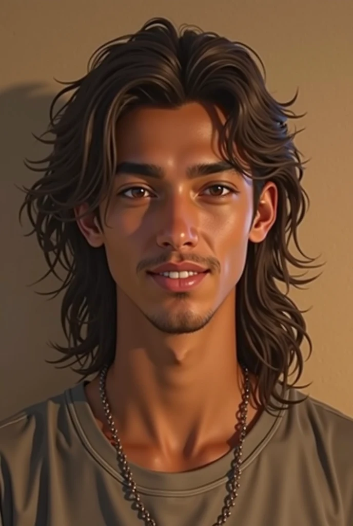 Can you generate a 25 year old Egyptian male, make him look a bit like an old , young adult, light brown neck length hair and brown eyes, with a soft smile, and less skinny, make his hair longer and fluffier, make him look realistic 