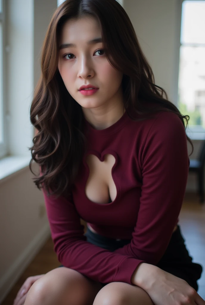 The scene captures a young woman seated in a modern, minimalist interior space, exuding a sense of quiet reflection. The subject is adorned in a stylish, fitted burgundy top with a distinctive heart-shaped cutout at the neckline, emphasizing her youthful c...