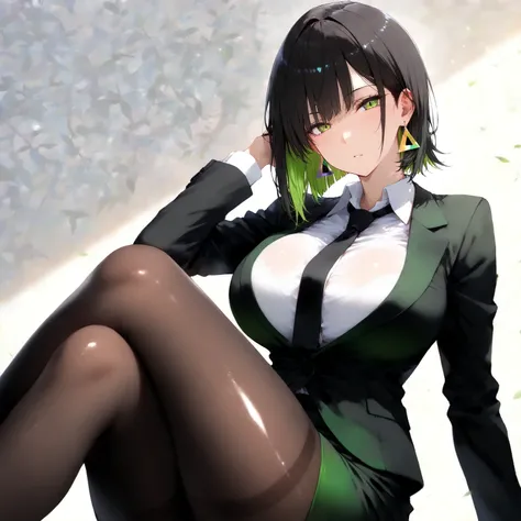 masterpiece, (((( best quality )))),1 girl, Japanese Anime ,,shiny skin, wearing a black suit,skirt suit, black tie , dark hair, short bob hair,The inner color of the hair is green, green eyes,isosceles triangle earrings, black tights,large breasts