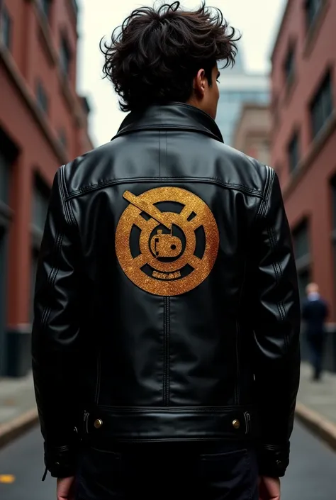 Black leather jacket with a gold print circular musical logo on the back 