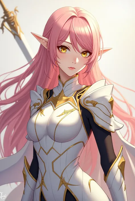 ( artwork ,  top quality,  best quality,  official art ,  beautiful and aesthetic  :1.2)  female, Elfa from anime,  long hair pink ,  golden eyes,  white and gold armor, wearing white cape, black and gold , black t-shirt and pants ,  wielding a white sword...