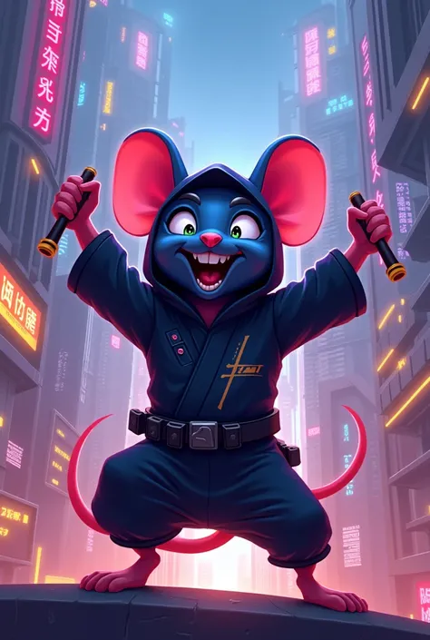 A dark ninja rat in Cartoon celebrating his achievement .Background of a futuristic city filled with Neon . 